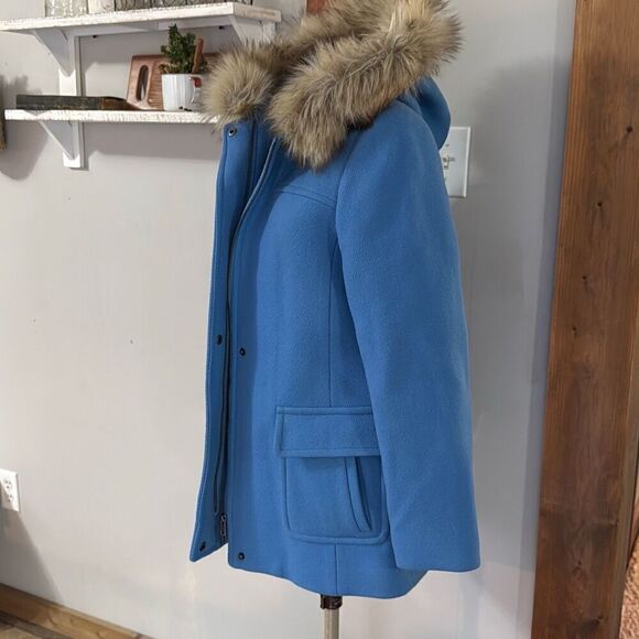 Talbots Albury wool blend faux fur hooded pea coat jacket womens size 4 blue - Picture 4 of 10